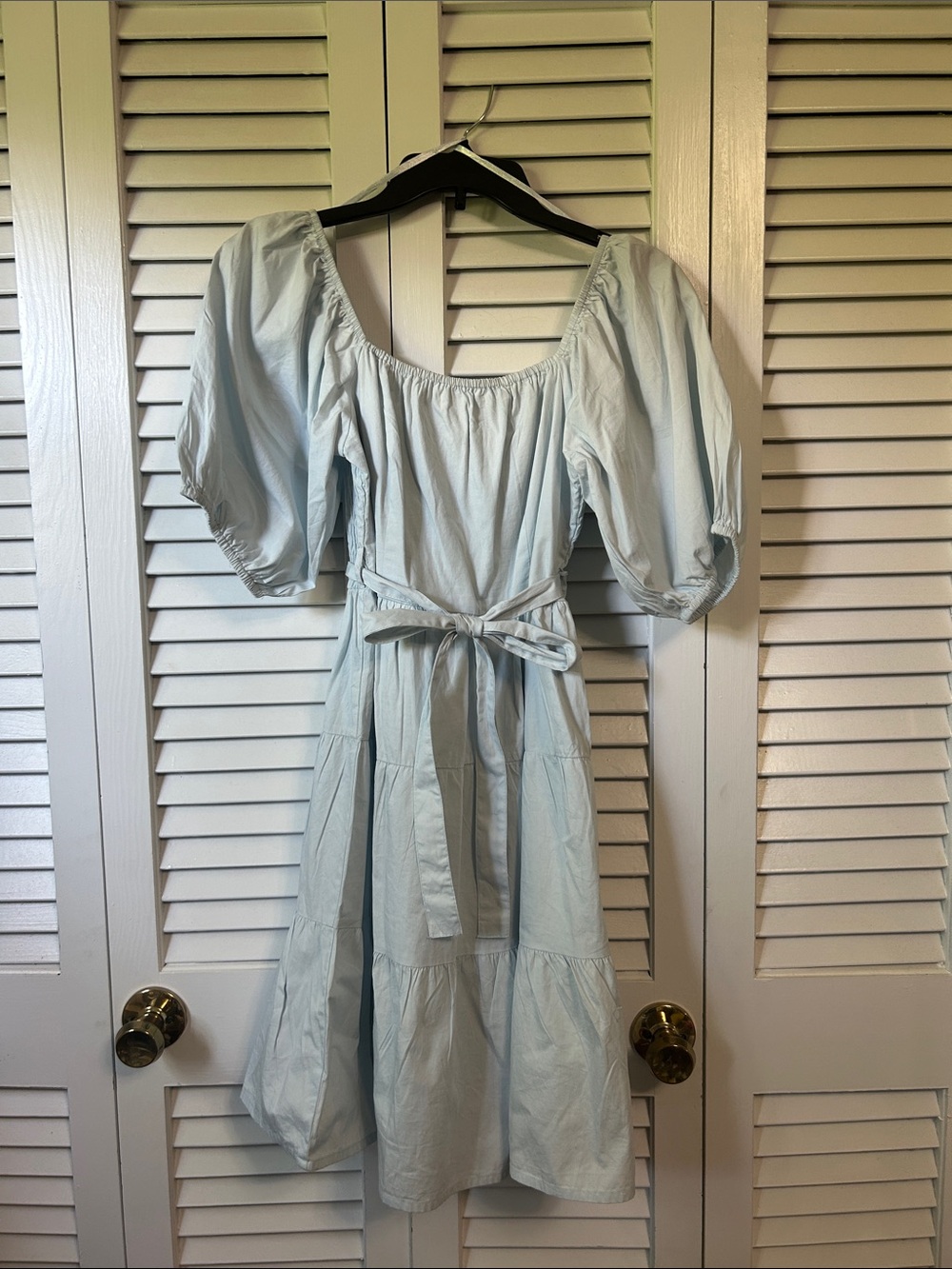 Women's Powder Blue Puff-Sleeve Dress with Waist Tie